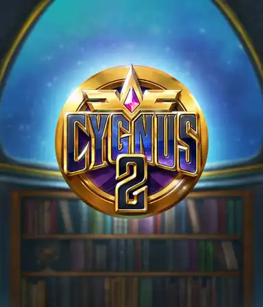 Explore the enchanting artwork of Cygnus 2 Slot by ELK Studios, showcasing a stunning emblem with a bright purple and gold design. Set against a celestial library setting, this image evokes the theme of adventure and mystery.